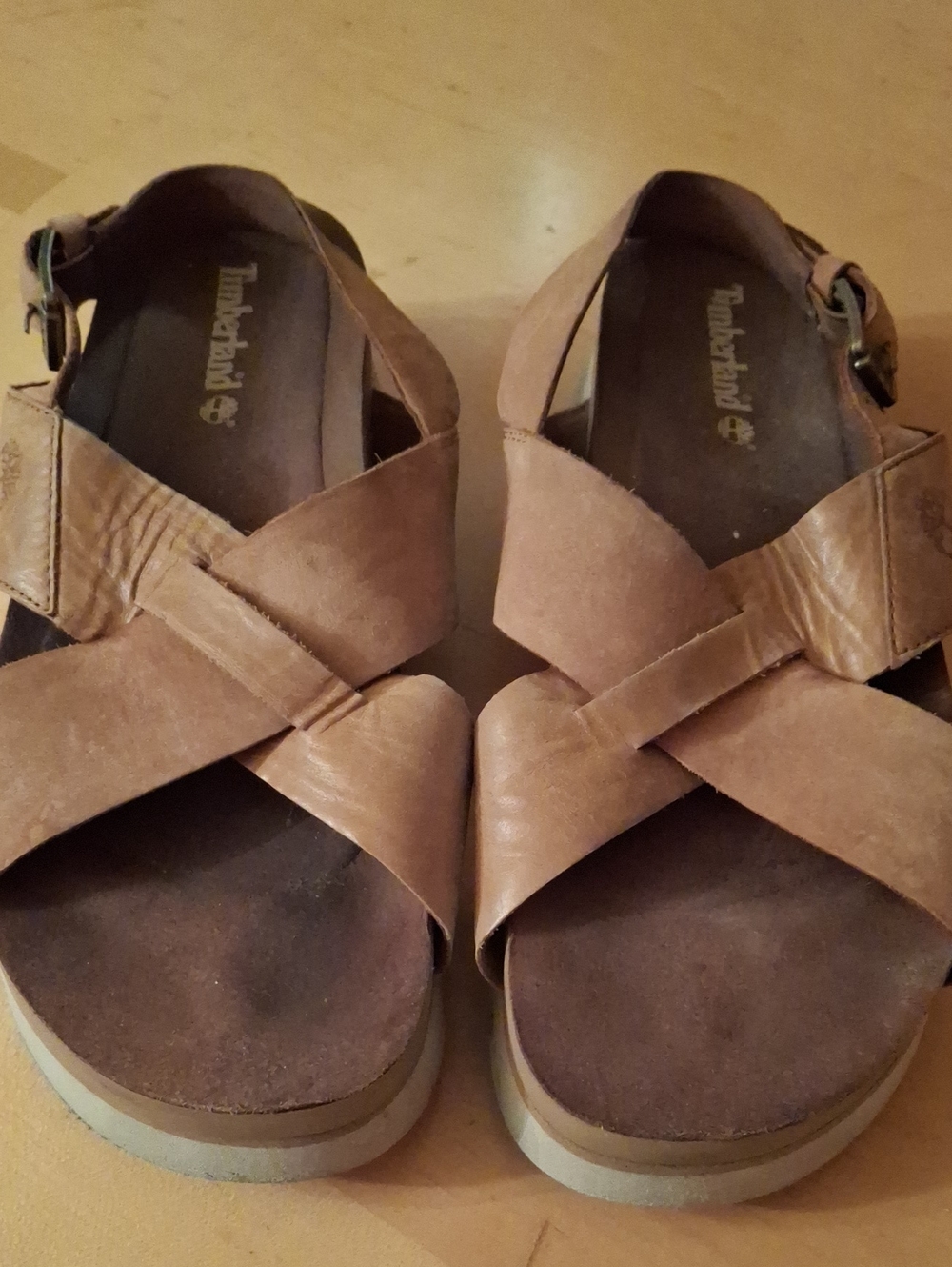 Timberland Women's Tan Leather Cross-Strap Sandals with Buckle